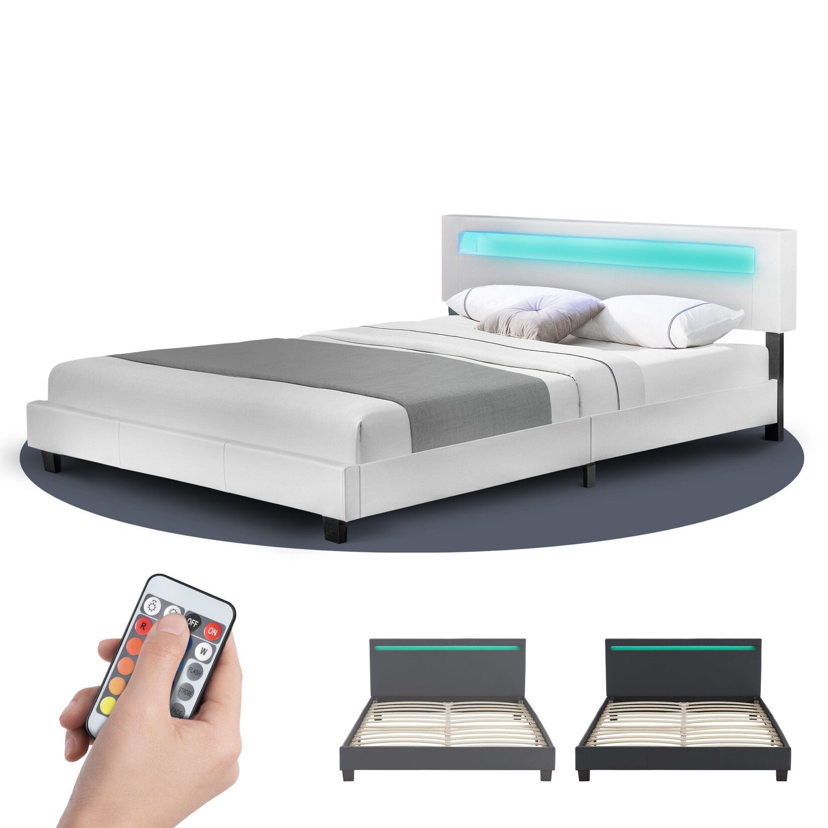 Juskys Polsterbett Paris 160×200 cm – Bett mit LED Beleuchtung & Lattenrost – Doppelbett weiß | 04260304762936