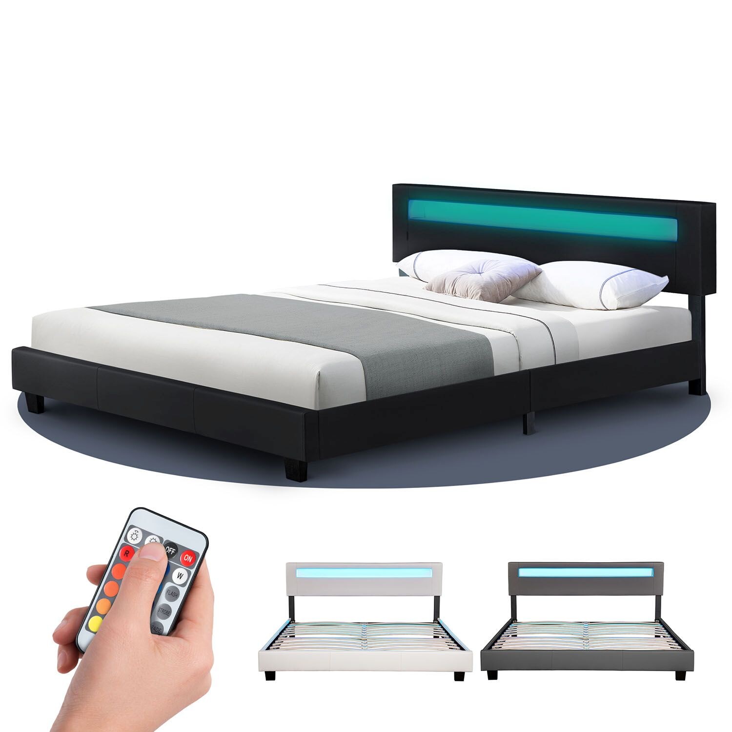 Juskys Polsterbett Paris 160×200 cm – Bett mit LED Beleuchtung & Lattenrost – Doppelbett schwarz | 04260304762943