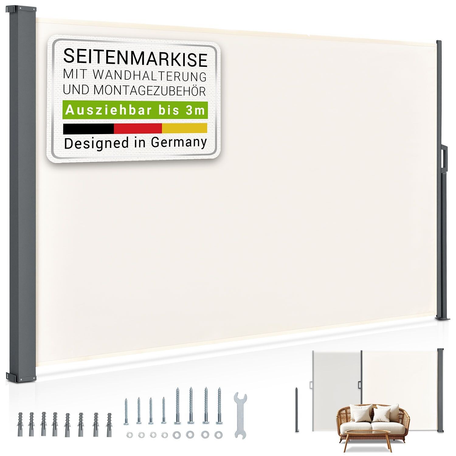 Juskys Seitenmarkise Dubai 300 x 180 cm ausziehbar blickdicht, Sichtschutz Garten, Terrasse beige