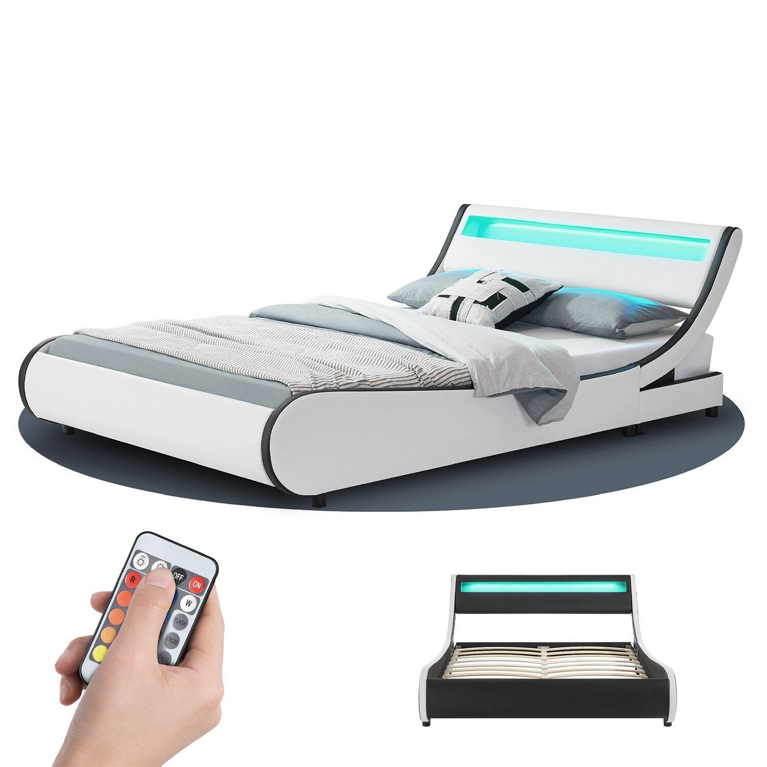 Juskys Polsterbett Valencia 140x200 cm - Bett mit Lattenrost & LED Beleuchtung – Jugendbett weiß
