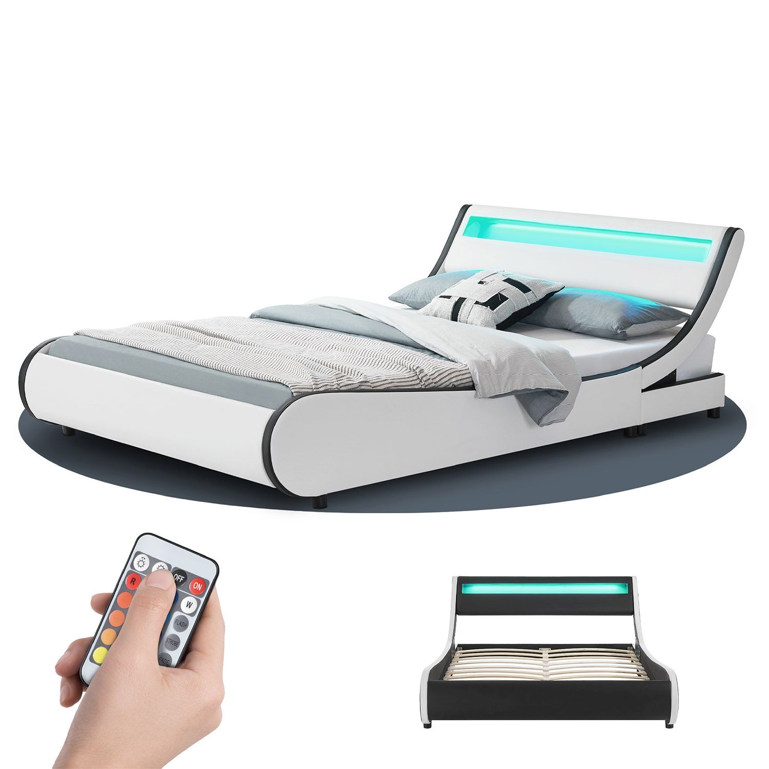 Juskys Polsterbett Valencia 180x200 cm &ndash; Bett mit Lattenrost & LED Beleuchtung &ndash; Doppelbett wei&szlig; - Bild 1