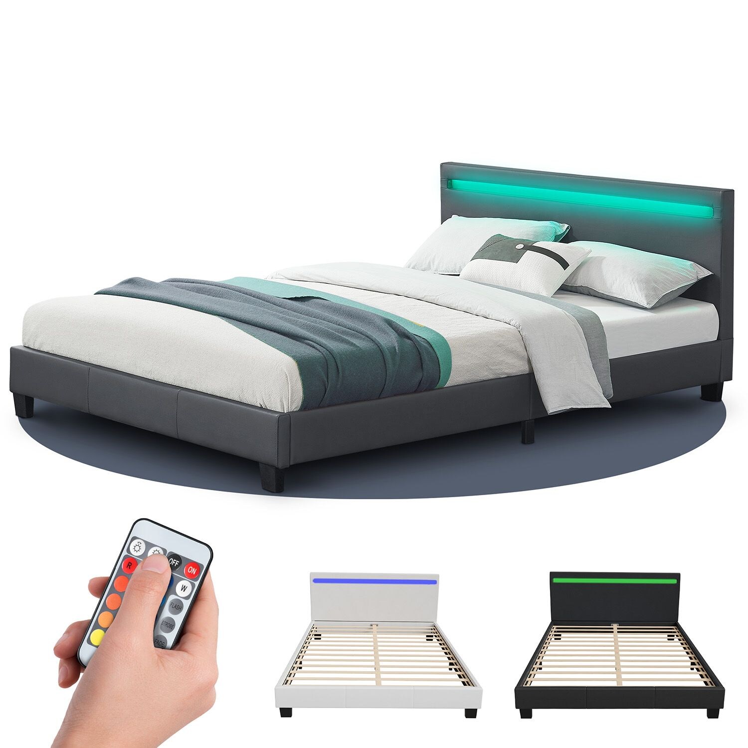 Juskys Polsterbett Paris 140 x 200 cm grau – Bett mit LED Beleuchtung, Lattenrost & Kopfteil | 04260304764251