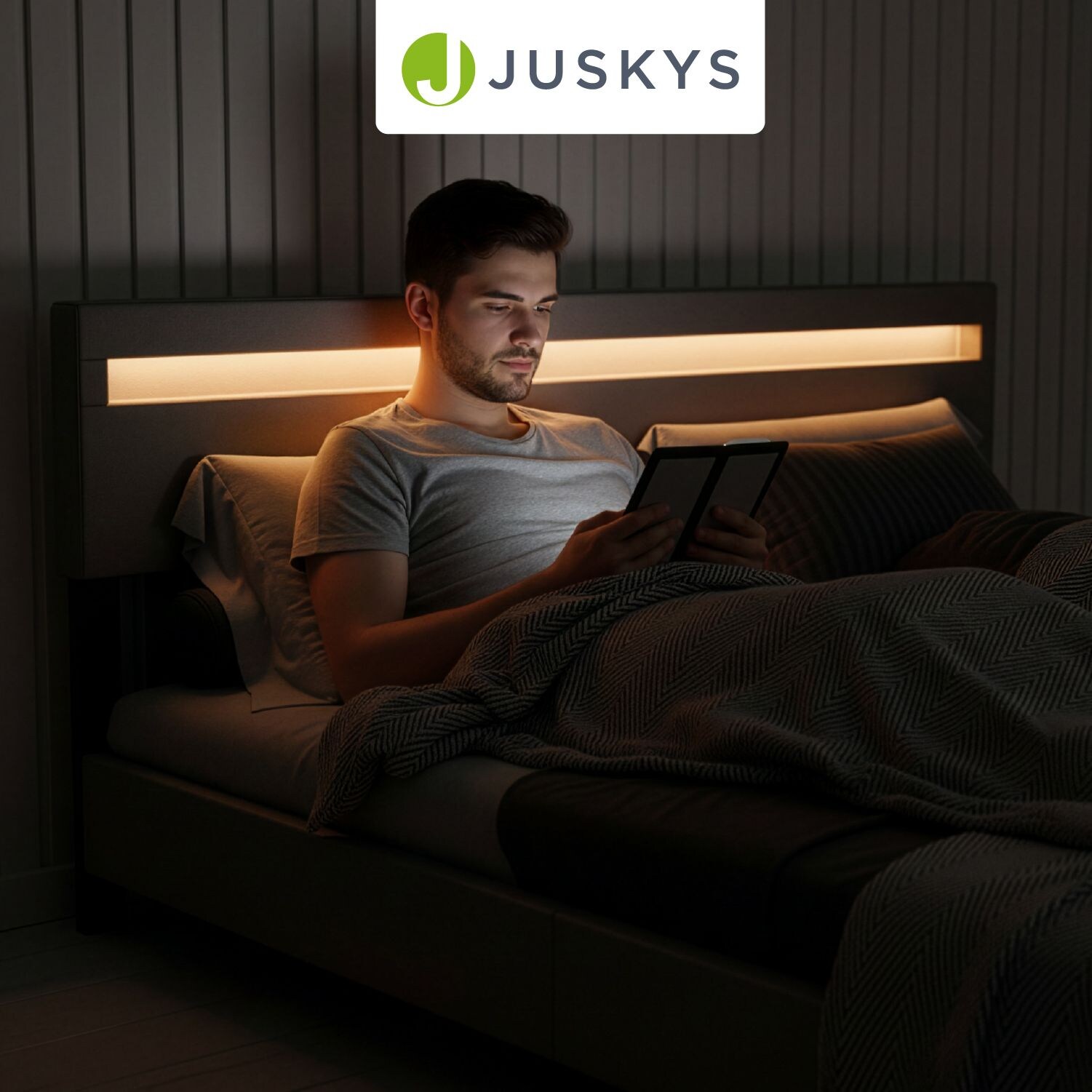 Juskys Polsterbett Paris 180x200 cm &ndash; Bett mit LED Beleuchtung & Lattenrost &ndash; Doppelbett grau - Bild 1