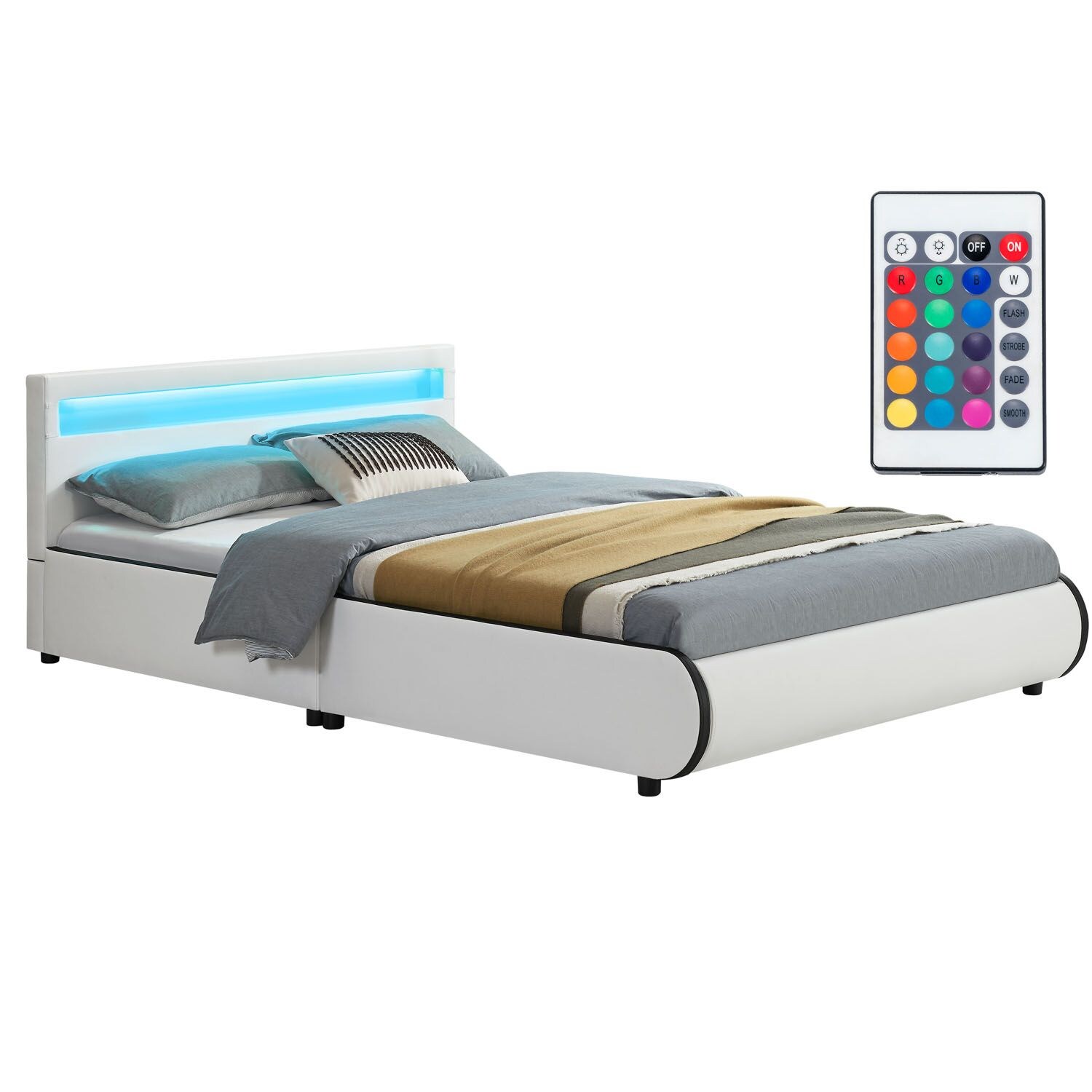 Juskys Polsterbett Sevilla 140x200 cm – Bett mit LED Beleuchtung & Lattenrost – Jugendbett weiß