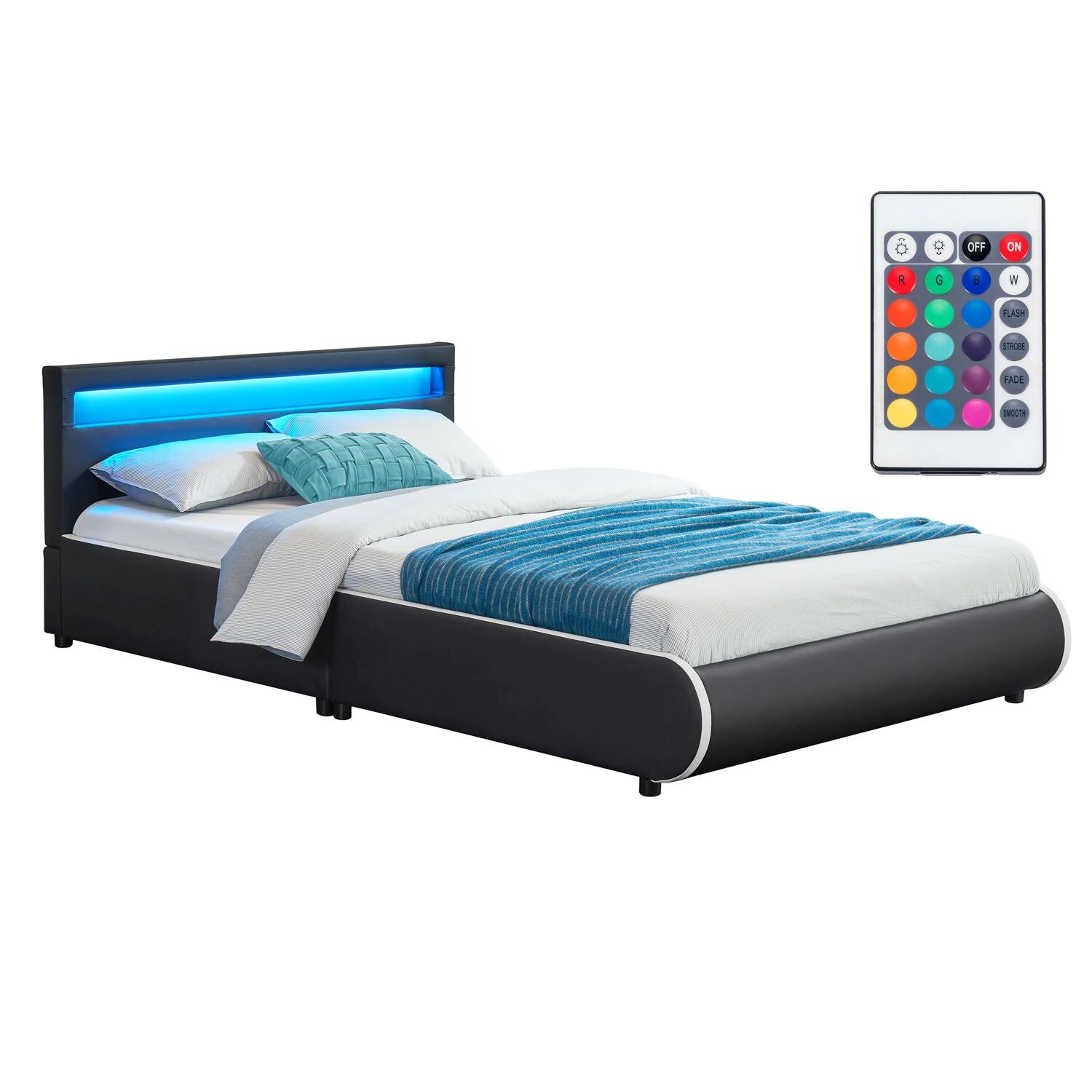 Juskys Polsterbett Sevilla 140x200 cm– Bett mit LED Beleuchtung & Lattenrost – Jugendbett schwarz