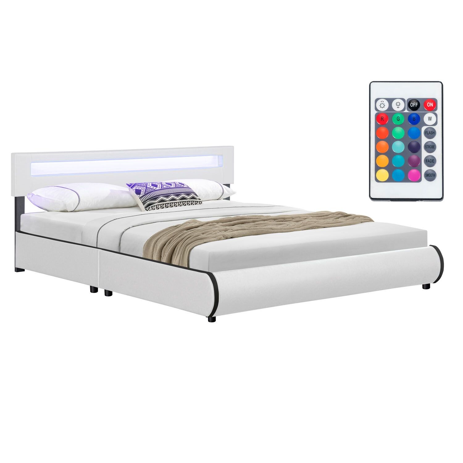 Juskys Polsterbett Sevilla 180x200 cm – Bett mit LED Beleuchtung & Lattenrost – Doppelbett weiß