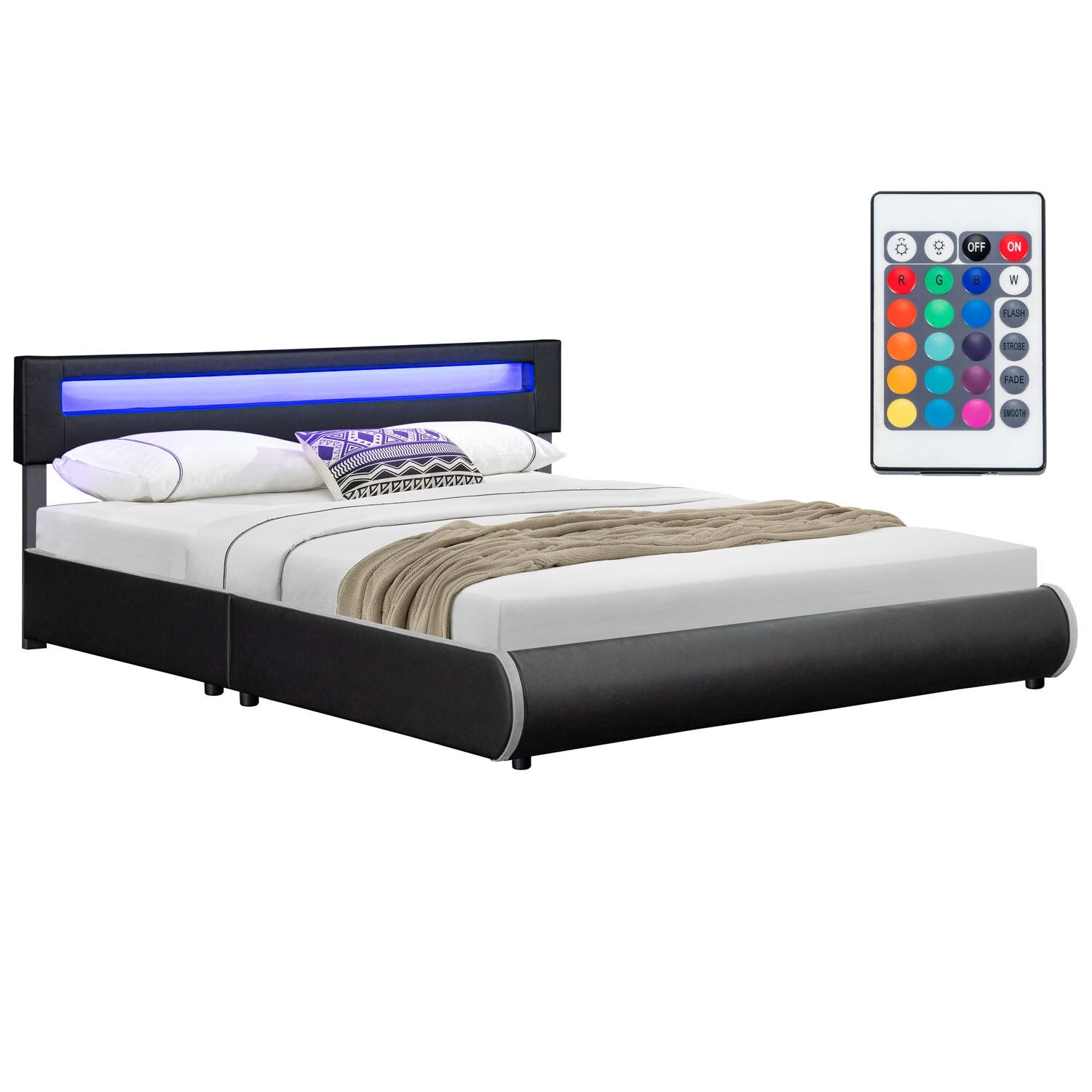 Juskys Polsterbett Sevilla 180x200 cm– Bett mit LED Beleuchtung & Lattenrost – Doppelbett schwarz