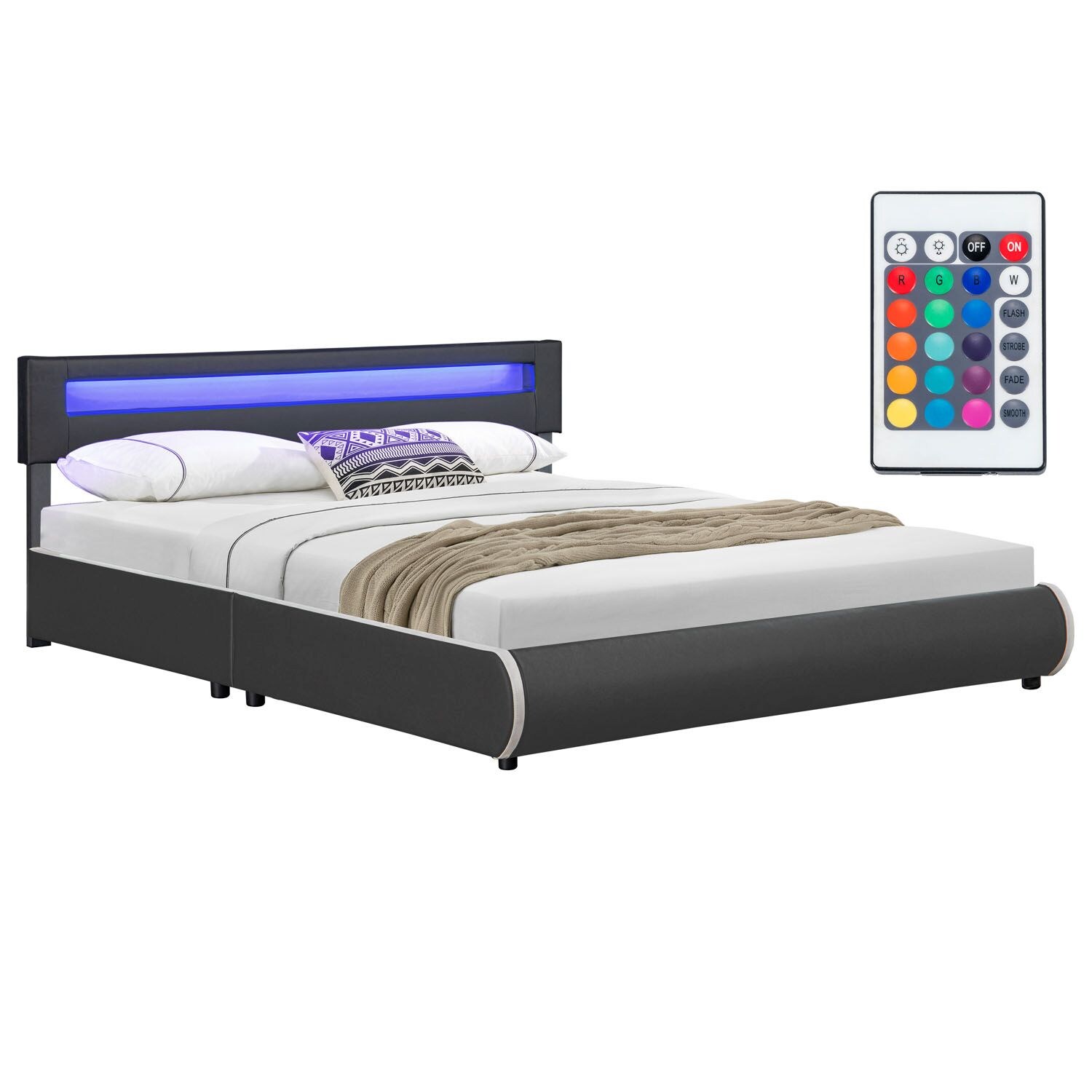 Juskys Polsterbett Sevilla 180x200 cm – Bett mit LED Beleuchtung & Lattenrost – Doppelbett grau