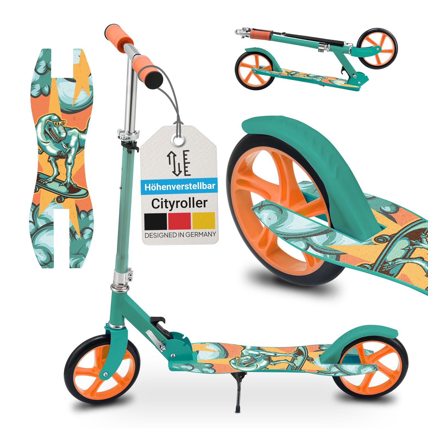ArtSport Scooter Dino-Mint Cityroller Big Wheel 205mm Räder klappbar höhenverstellbar Kinder ab 3 Jahre