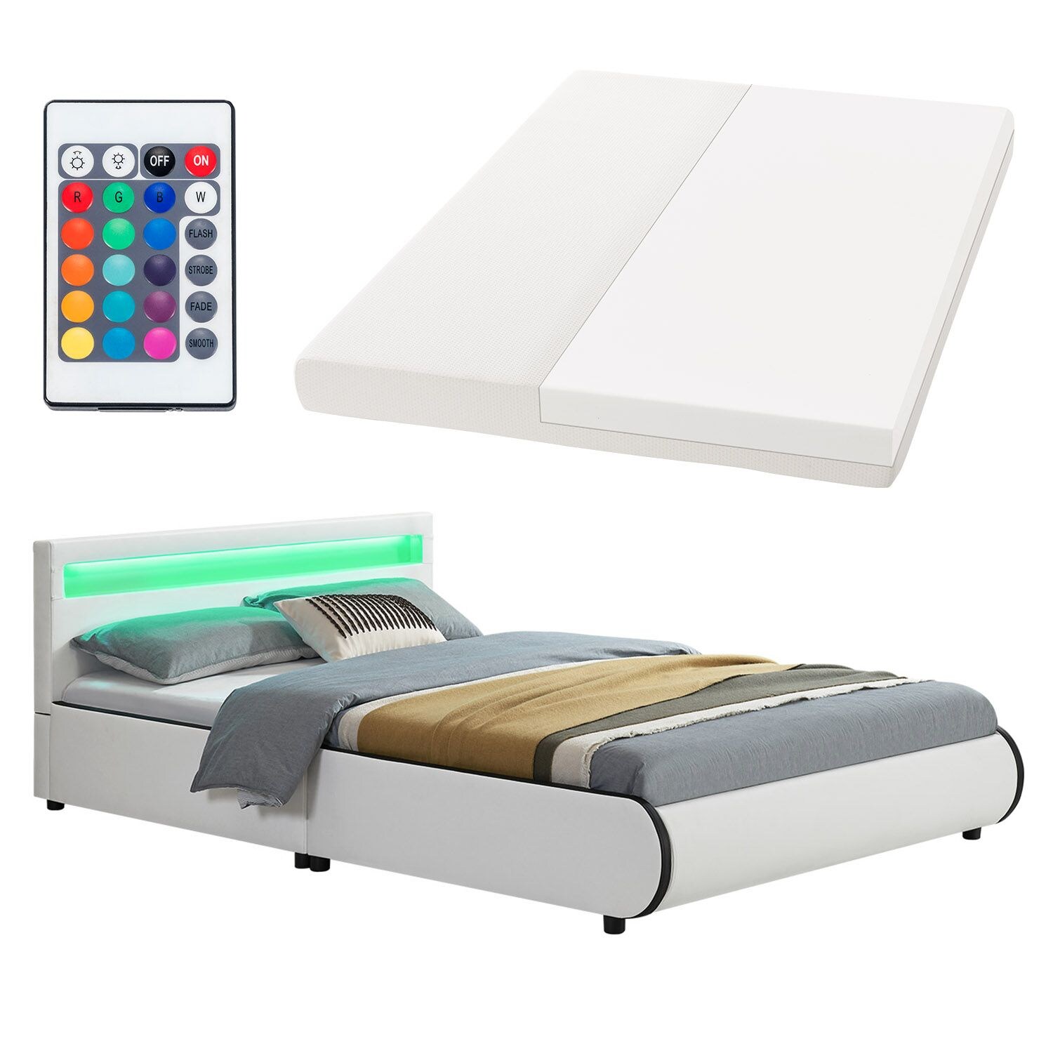 Juskys Polsterbett Sevilla 140 x 200 cm wei&szlig; Einzelbett mit Kaltschaummatratze - Bild 1