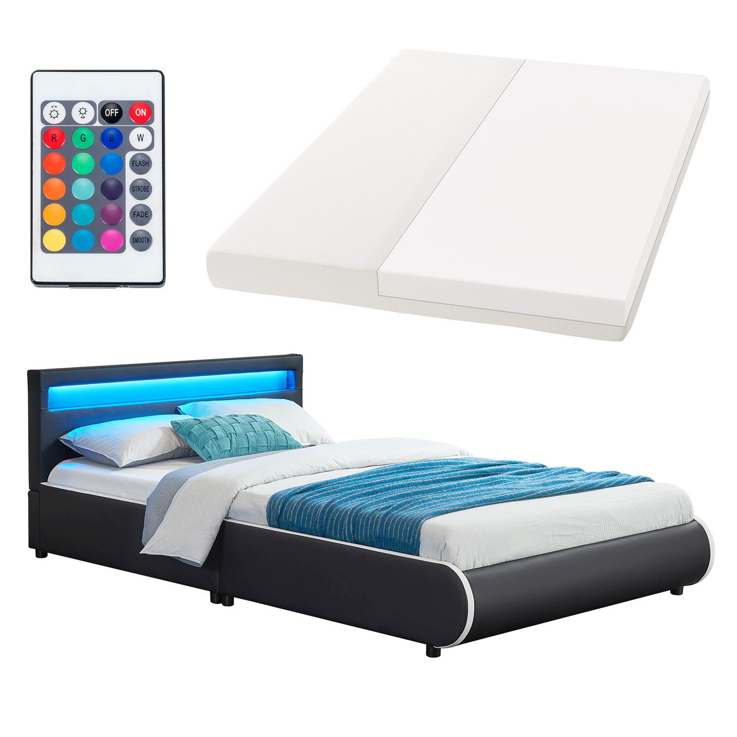 Juskys Polsterbett Sevilla 140 x 200 cm schwarz Einzelbett mit Kaltschaummatratze - Bild 1