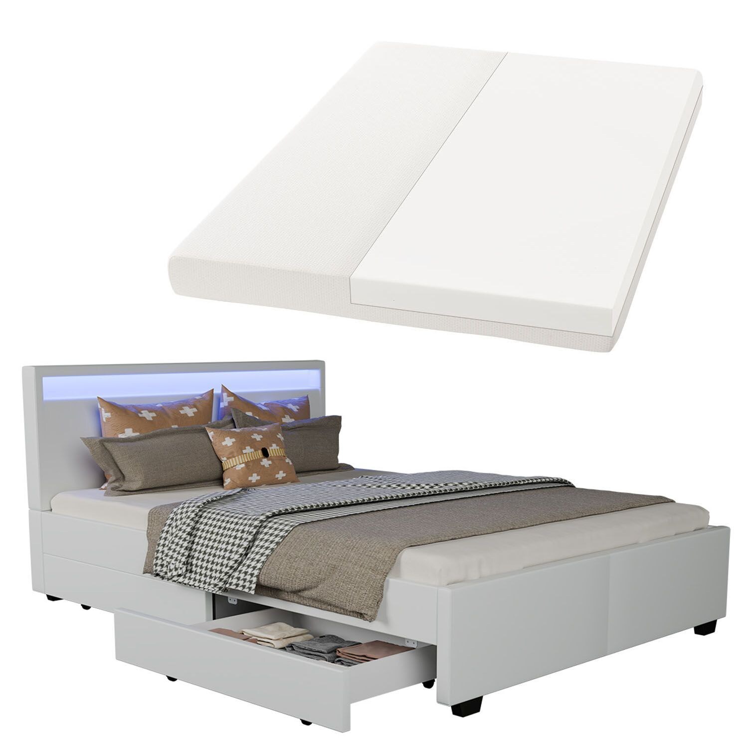 Juskys Polsterbett Lyon 140 x 200 cm wei&szlig; mit Kaltschaummatratze - Bild 1