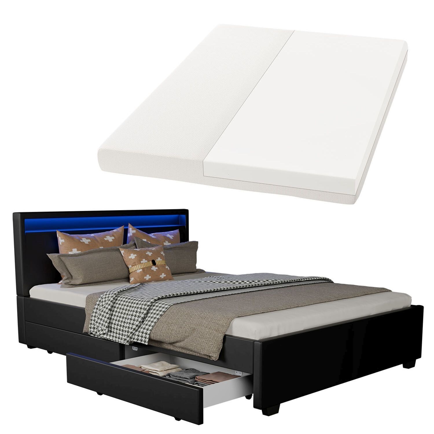 Juskys Polsterbett Lyon 140 x 200 cm schwarz mit Kaltschaummatratze - Bild 1