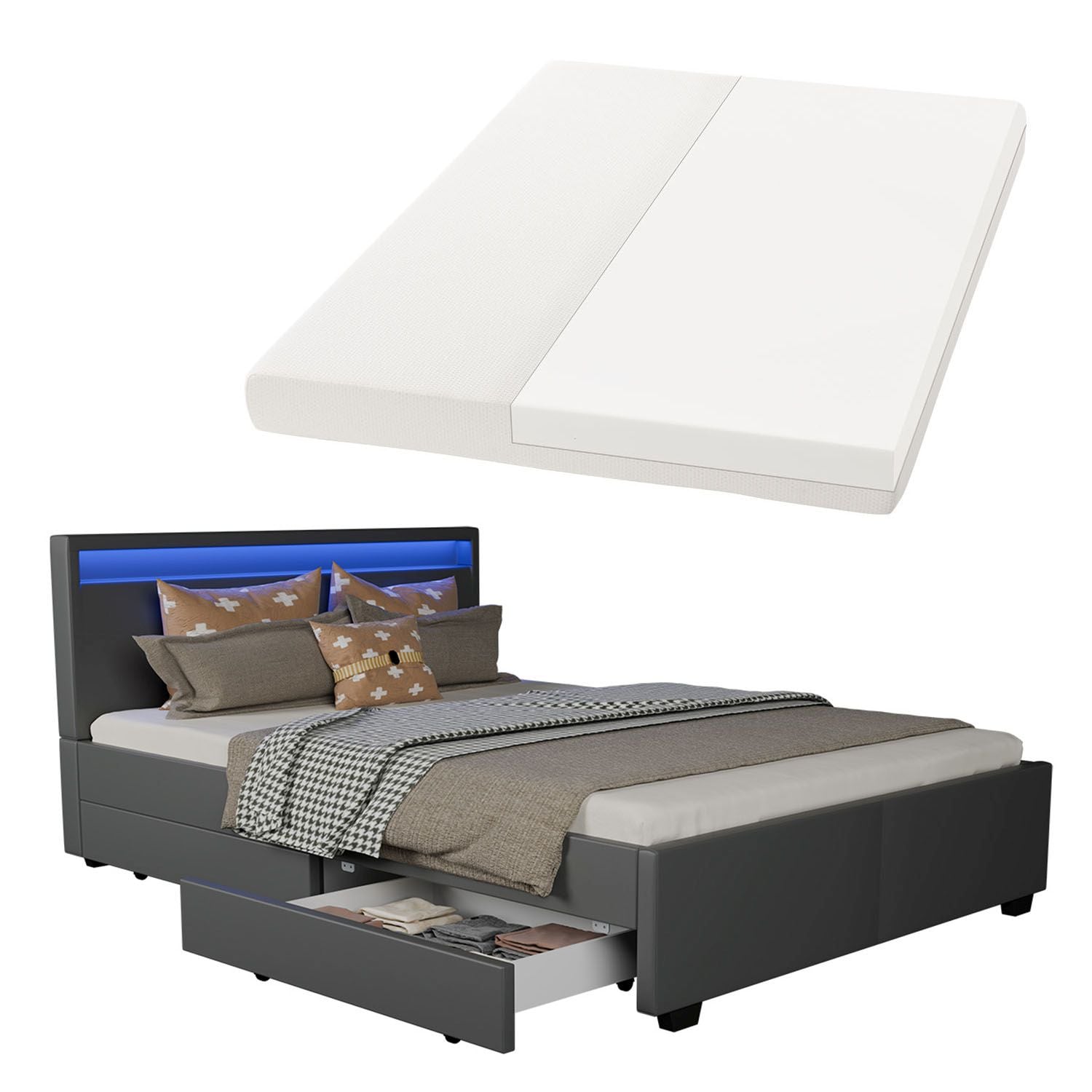 Juskys Polsterbett Lyon 140 x 200 cm dunkelgrau mit Kaltschaummatratze - Bild 1