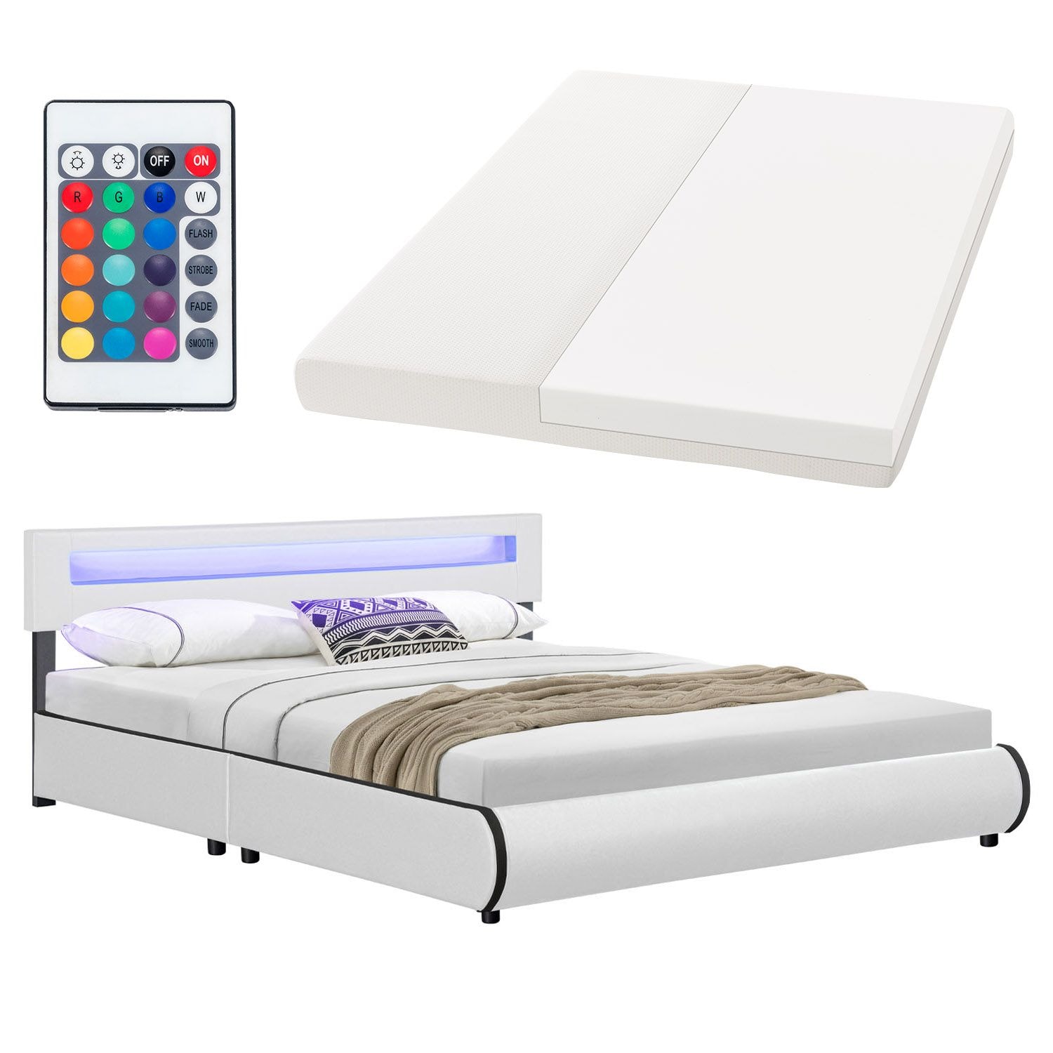 Juskys Polsterbett Sevilla 180 x 200 cm wei&szlig; Doppelbett Ehebett mit Kaltschaummatratze - Bild 1