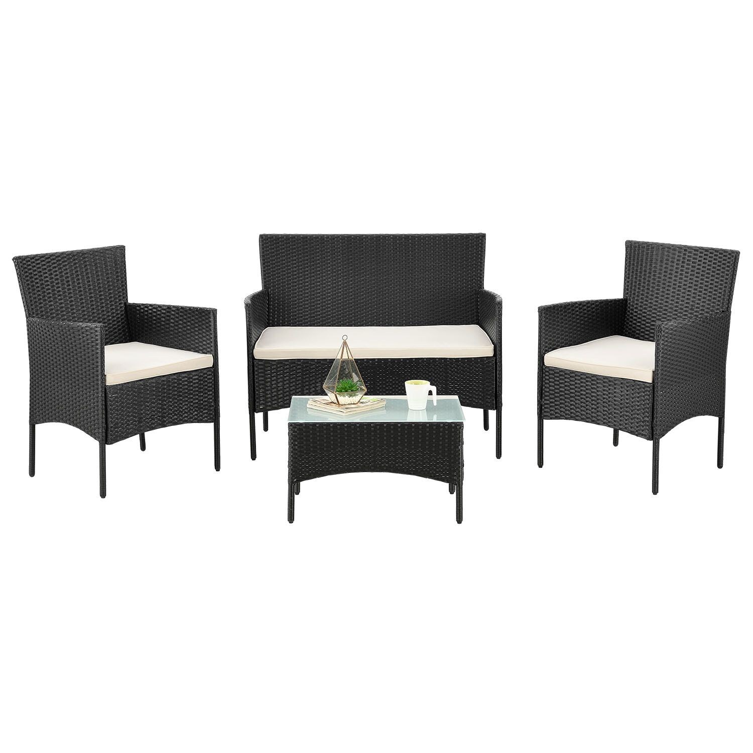 Juskys Polyrattan Gartenmöbel-Set Fort Myers schwarz mit Tisch, Sofa, 2 Stühle & Auflagen | 04260565521426