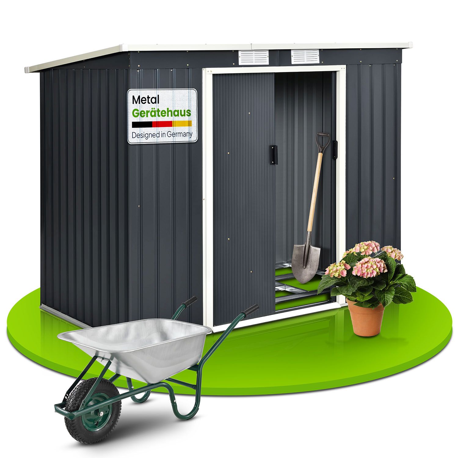 Juskys Metall Ger&auml;tehaus Ger&auml;teschuppen M mit Pultdach, Schiebet&uuml;r & Fundament 4m&sup3; anthrazit - Bild 1