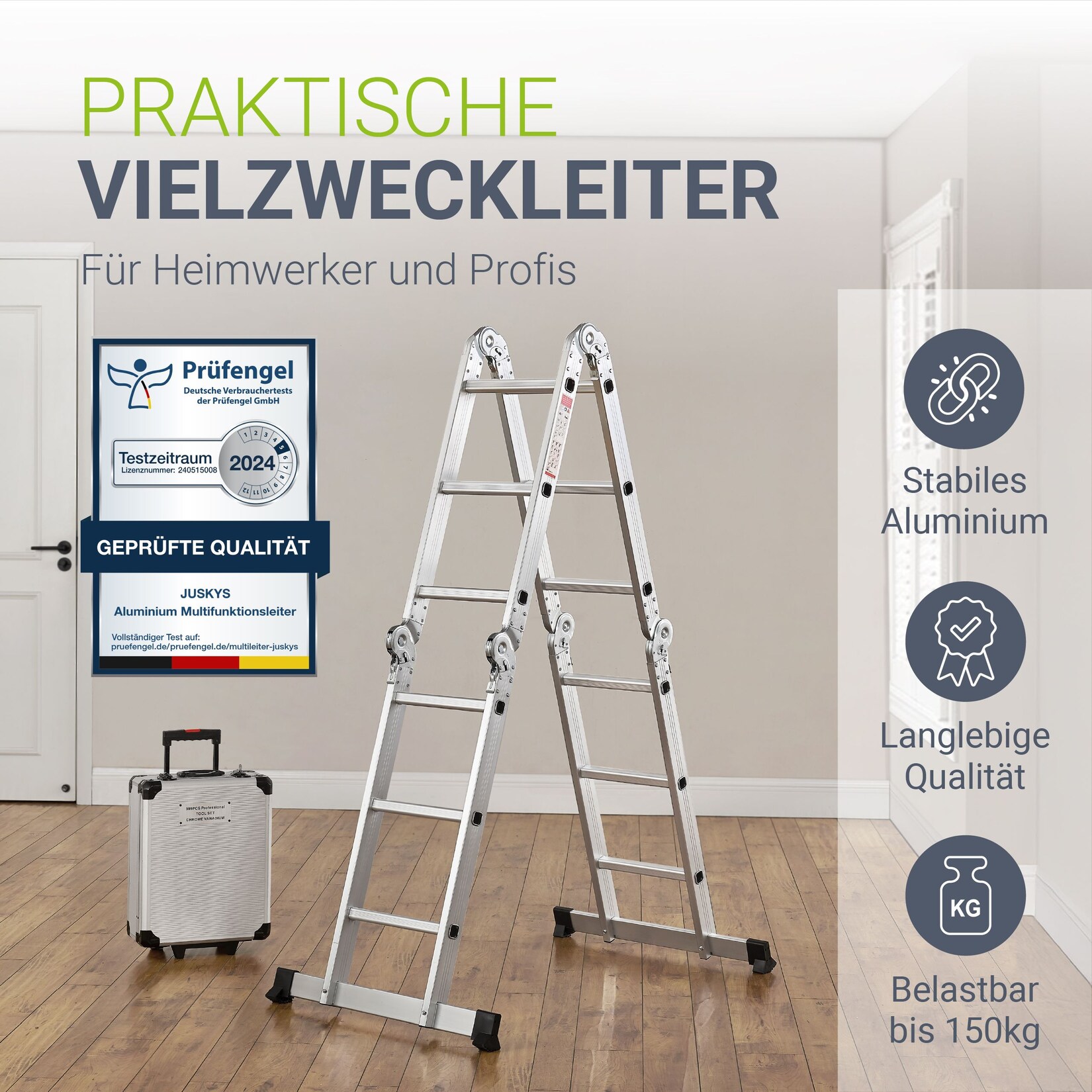 Juskys Aluminium Multifunktionsleiter 3,6m Tragfähigkeit bis 150 kg