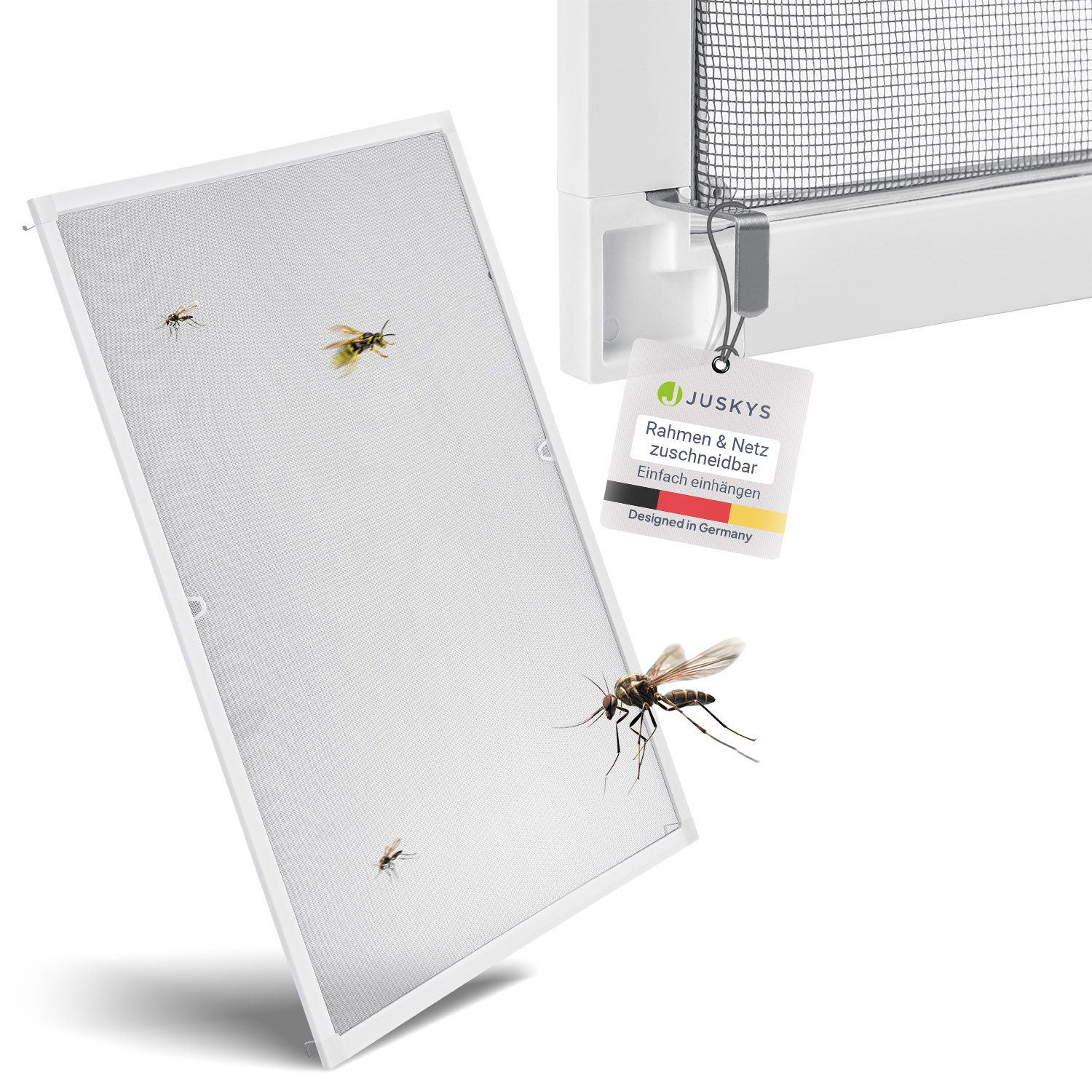 Juskys Fliegengitter mit Alu-Rahmen 100 x 120 cm f&uuml;r Fenster zum Einh&auml;ngen UV-best&auml;ndig in Wei&szlig; - Bild 1