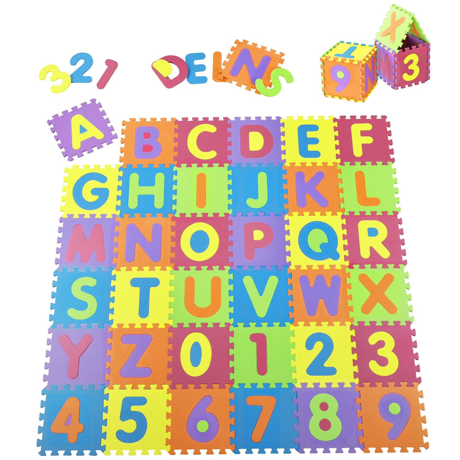 Juskys Kinder Puzzlematte Kim 36 Teile mit Buchstaben & Zahlen – rutschfest – Spielmatte bunt | 04260304769072
