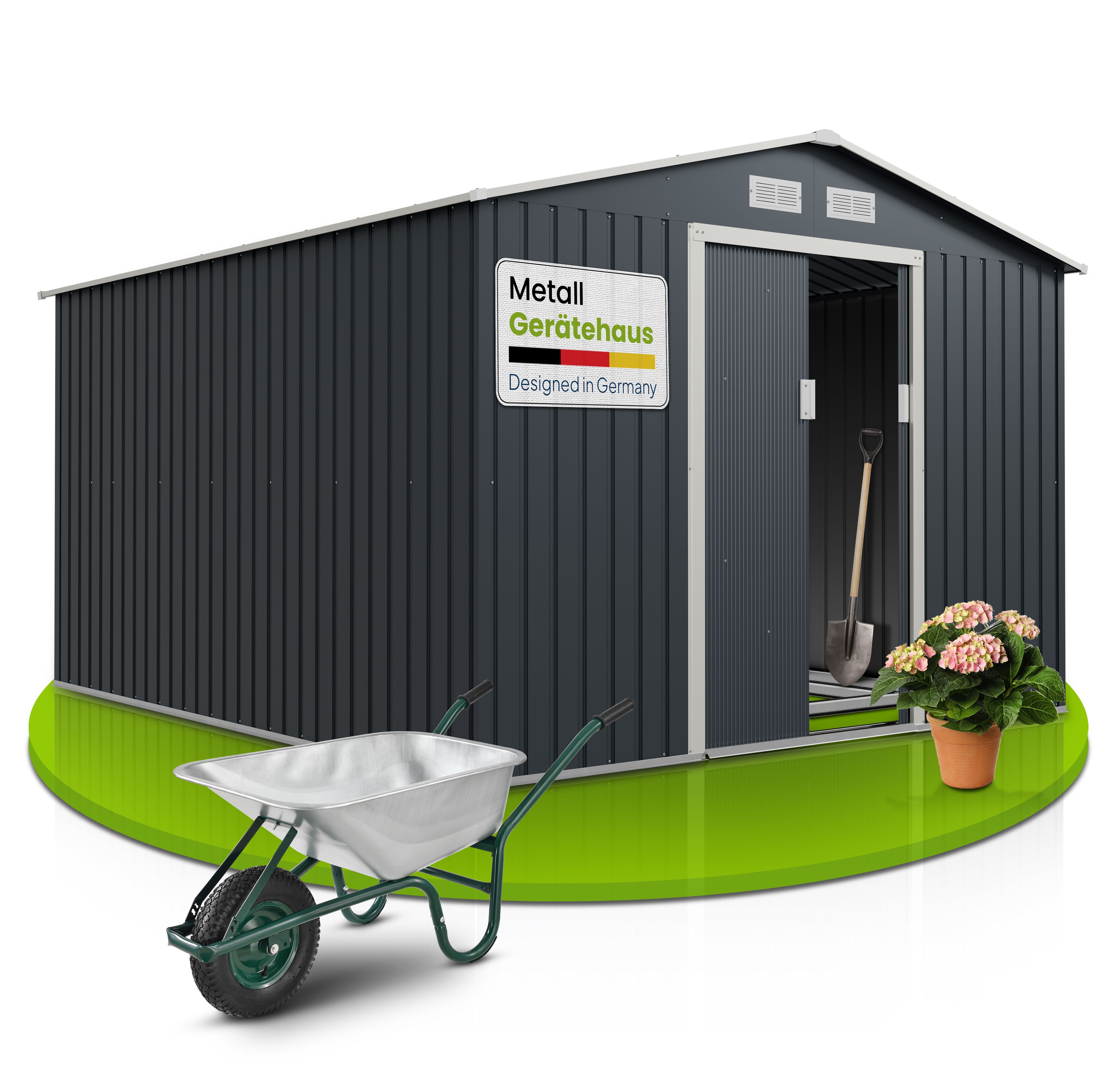 Juskys Metall Ger&auml;tehaus Ger&auml;teschuppen XXL mit Satteldach, Schiebet&uuml;r & Fundament 15m&sup3; anthrazit - Bild 1