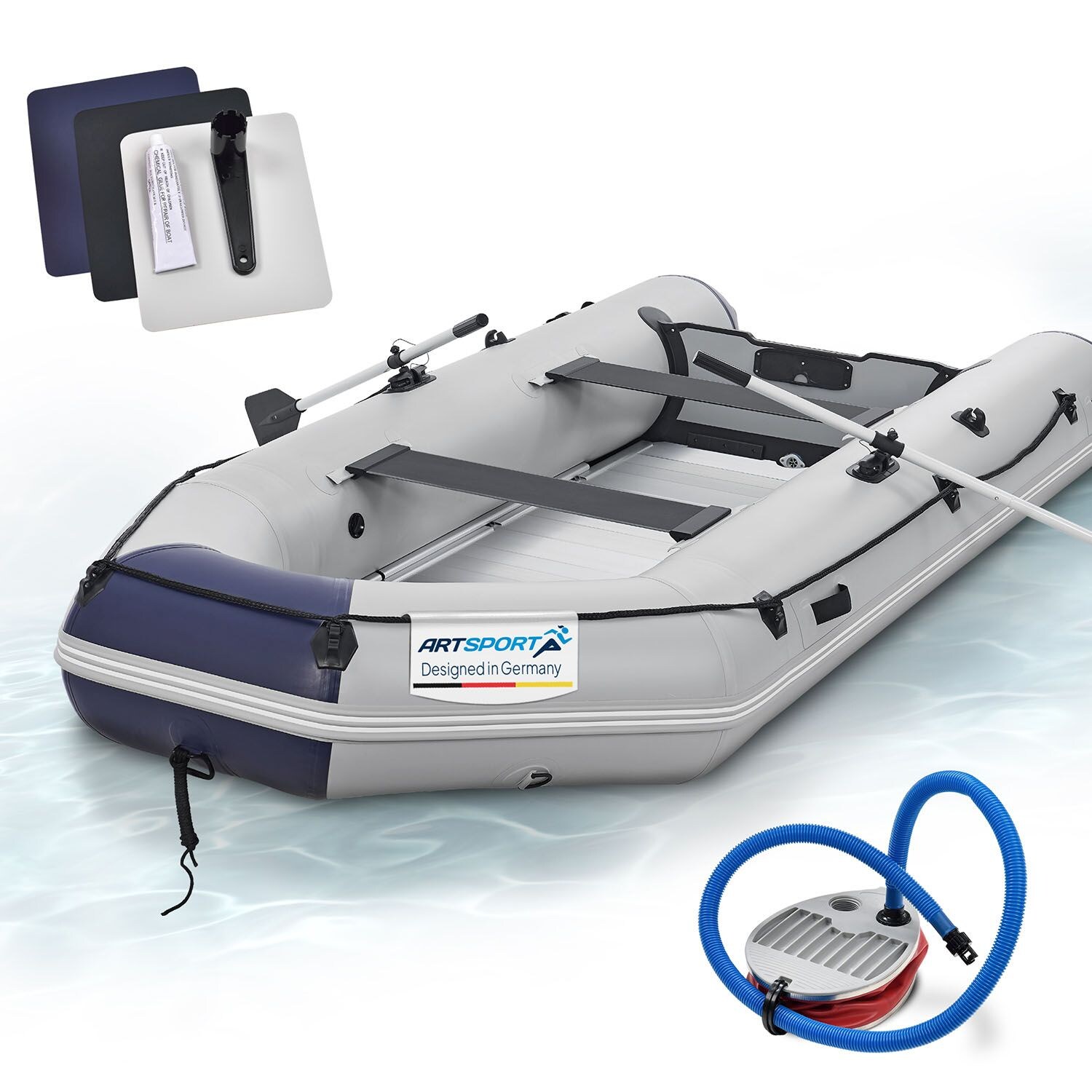 ArtSport Schlauchboot 3,80 m mit 2 Sitzbänke, Aluboden, Paddel, Pumpe, Tasche & Reparaturset