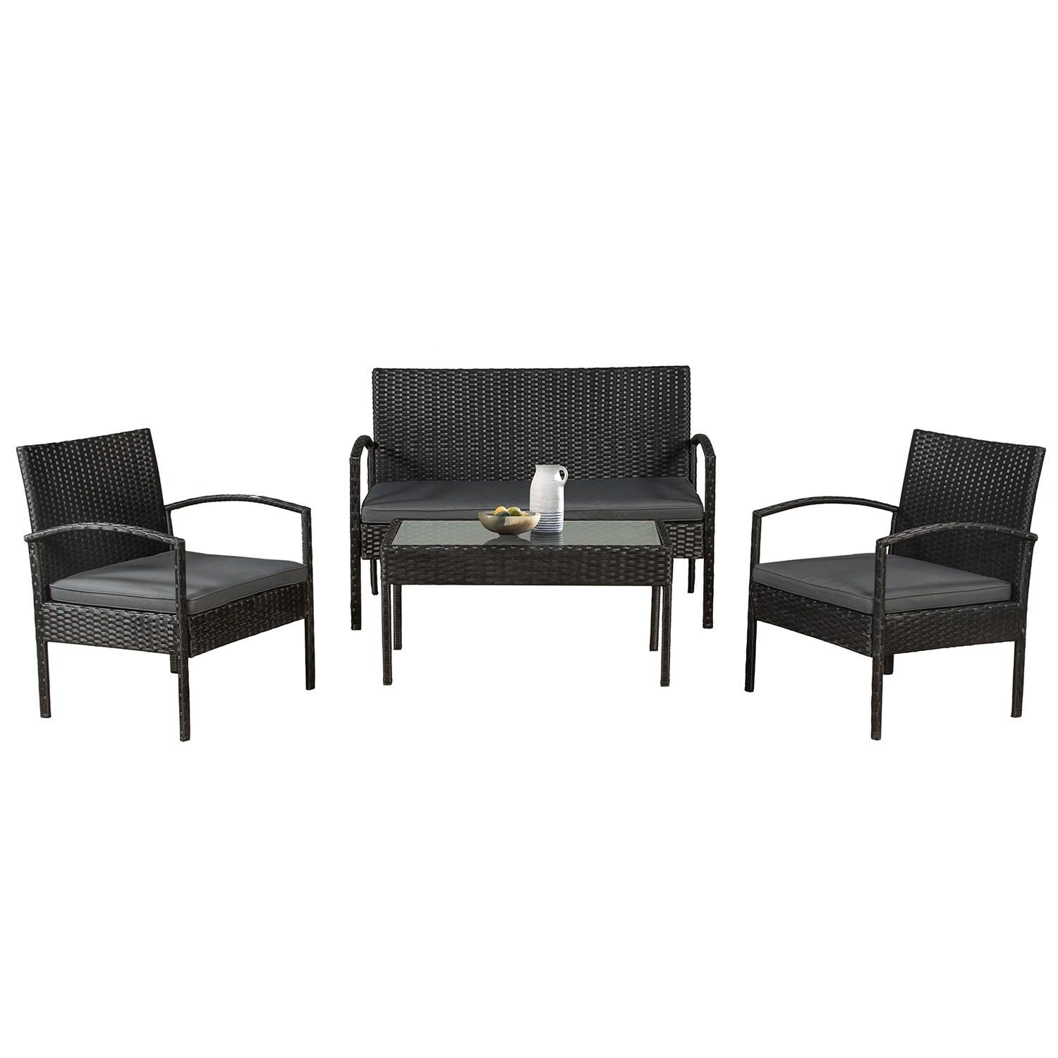 Juskys Polyrattan Balkonmöbel Trinidad schwarz, 4 Personen – Tisch, Bank, 2 Stühle, graue Auflagen | 04260304769775