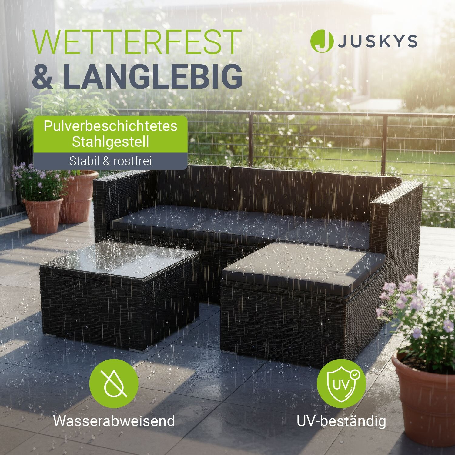 Juskys Polyrattan Lounge Punta Cana M schwarz für 3-4 Personen – Sofa, Tisch & Hocker