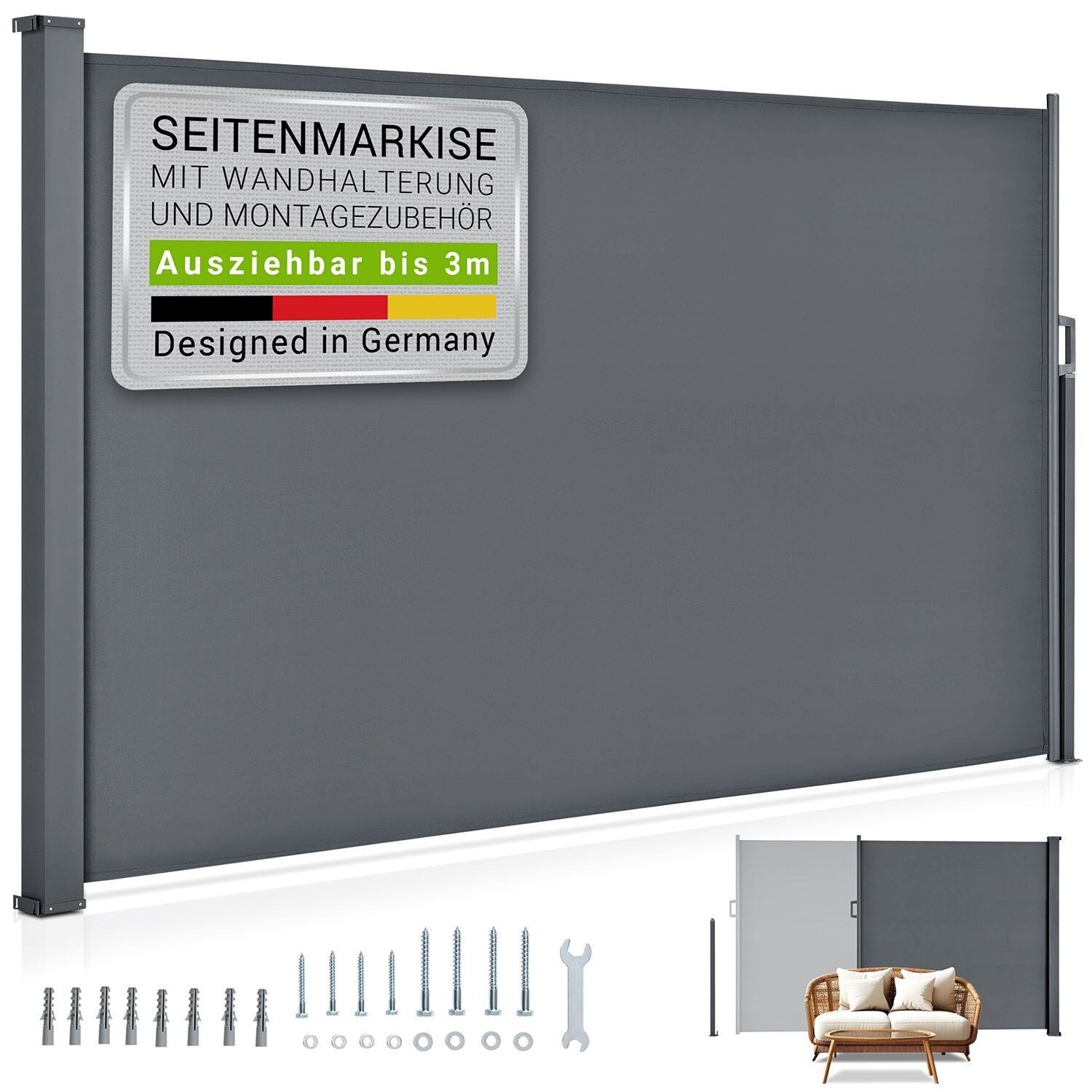 Juskys Seitenmarkise Dubai 300 x 190 cm ausziehbar blickdicht, Sichtschutz Garten, Terrasse anthrazit