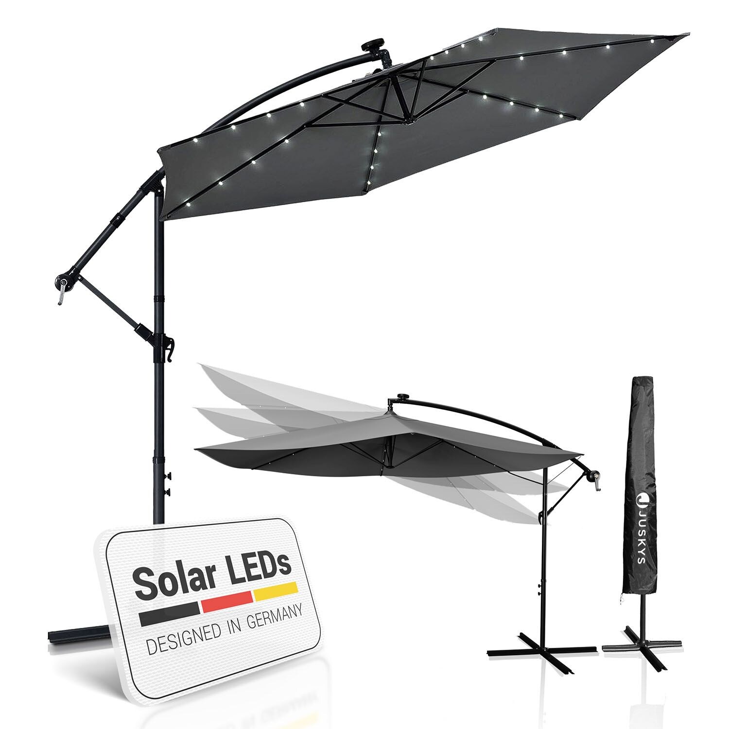 Juskys Ampelschirm Brazil 3,5 m LED-Beleuchtung Solar & Kurbel – UV-Schutz wasserabweisend knickbar | 04260565520290