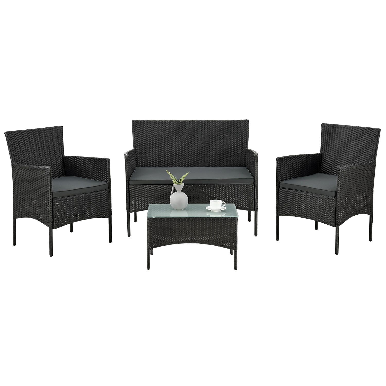 Juskys Polyrattan Gartenmöbel-Set Fort Myers schwarz mit Tisch, Sofa, 2 Stühle & Auflagen | 04260565521419