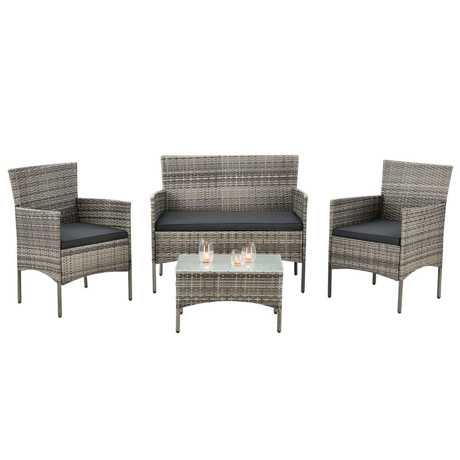 Juskys Polyrattan Gartenmöbel-Set Fort Myers grau-meliert mit Tisch, Sofa, 2 Stühle & Auflagen | 04260565521440