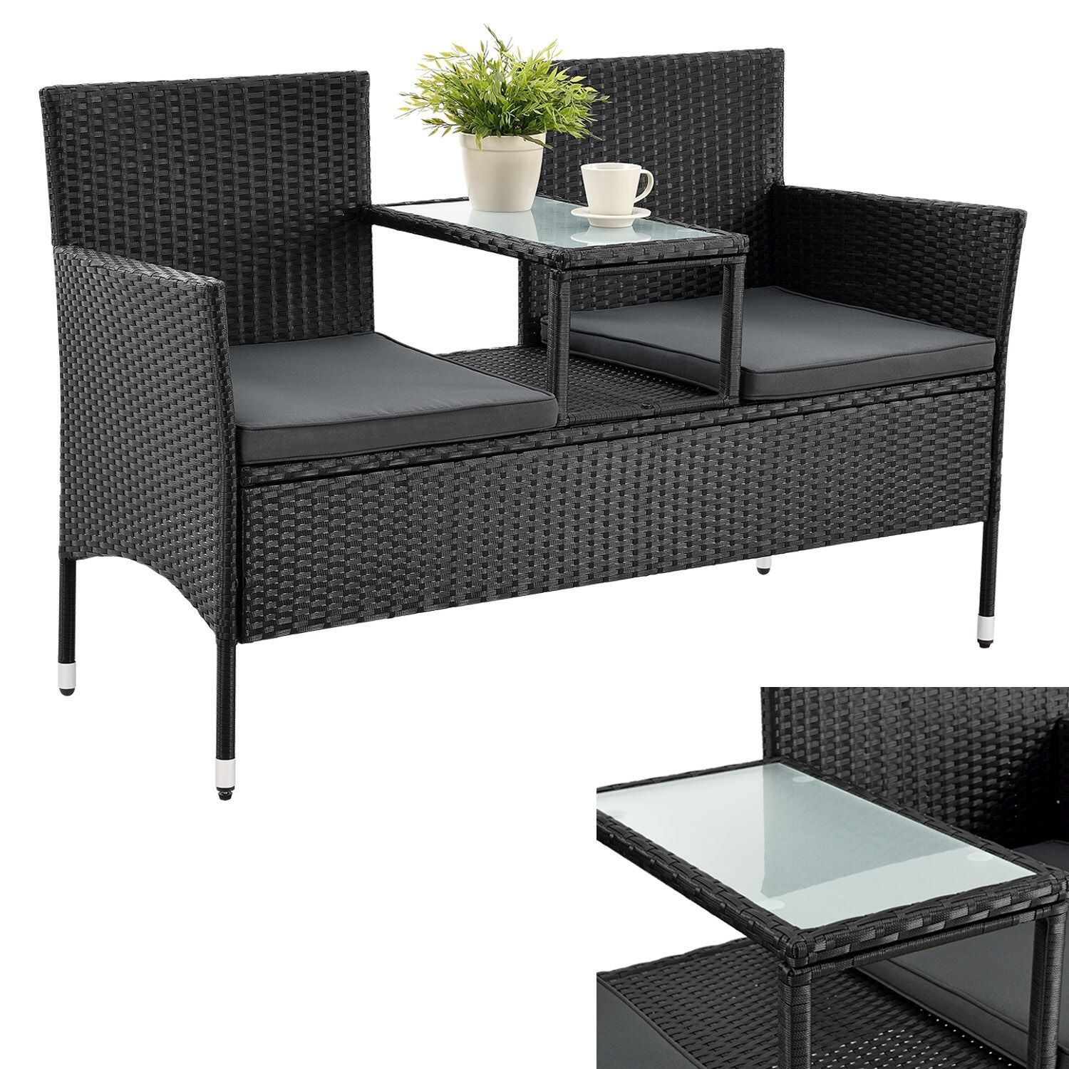 Juskys Polyrattan Gartenbank Monaco schwarz - 2-Sitzer Bank mit Tisch & Kissen - 133×63×84 cm