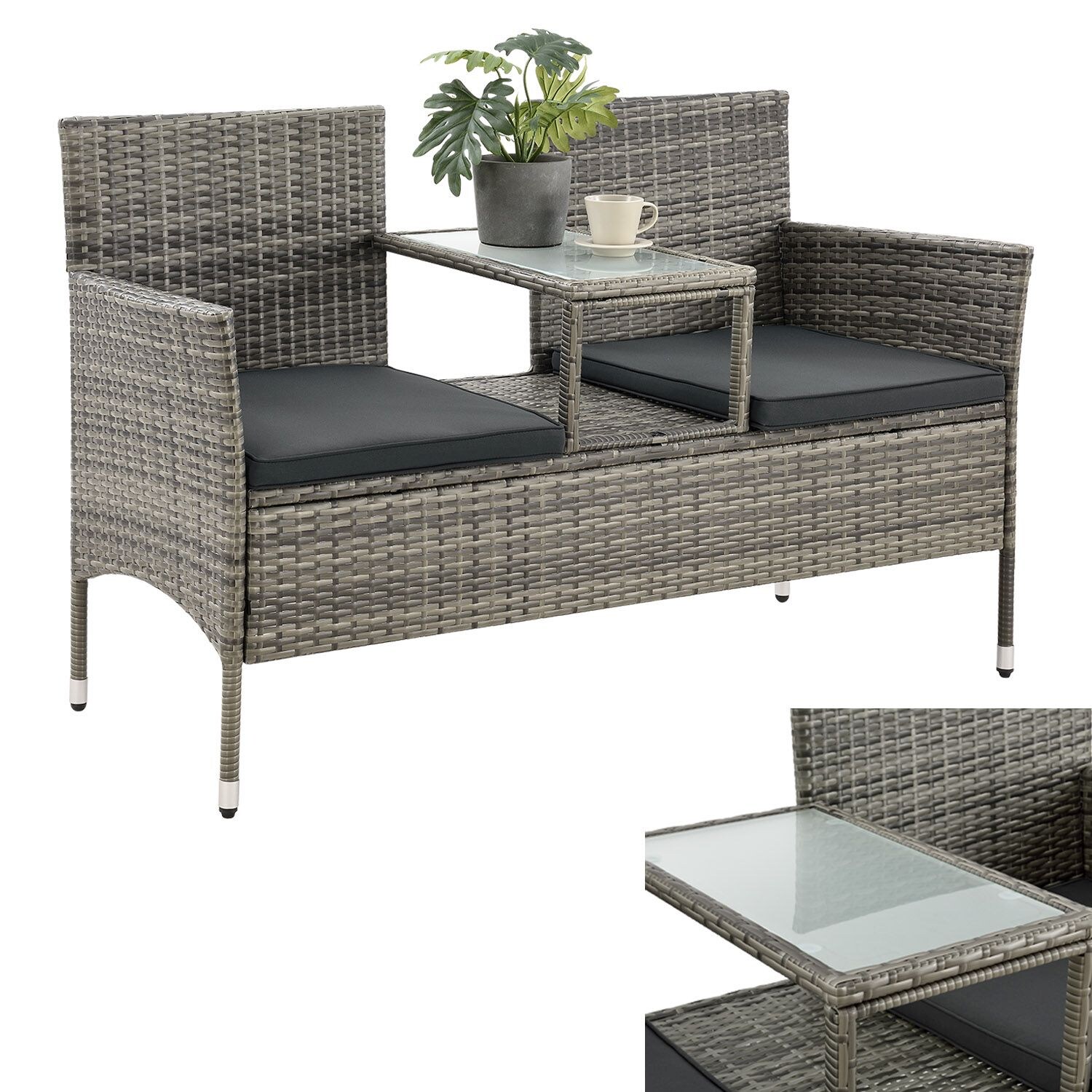 Juskys Polyrattan Gartenbank Monaco grau-meliert - 2-Sitzer Bank mit Tisch & Kissen - 133×63×84 cm