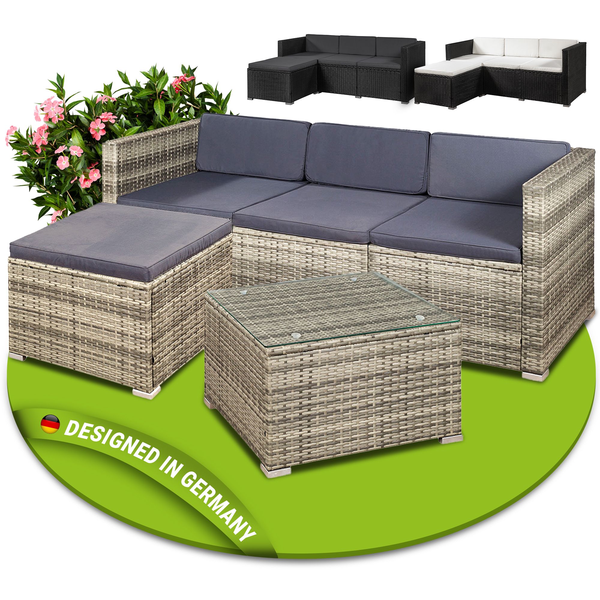 Juskys Polyrattan Lounge Punta Cana M grau-meliert, 3-4 Personen &ndash; Sofa, Tisch & Hocker - Bild 1