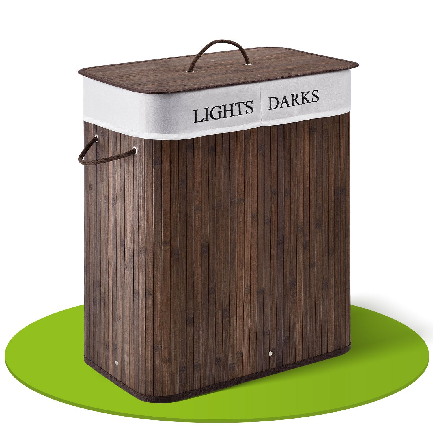 Juskys Bambus W&auml;schekorb Curly 100 Liter mit Deckel & W&auml;schesack | 2 F&auml;cher W&auml;schesammler | Braun - Bild 1