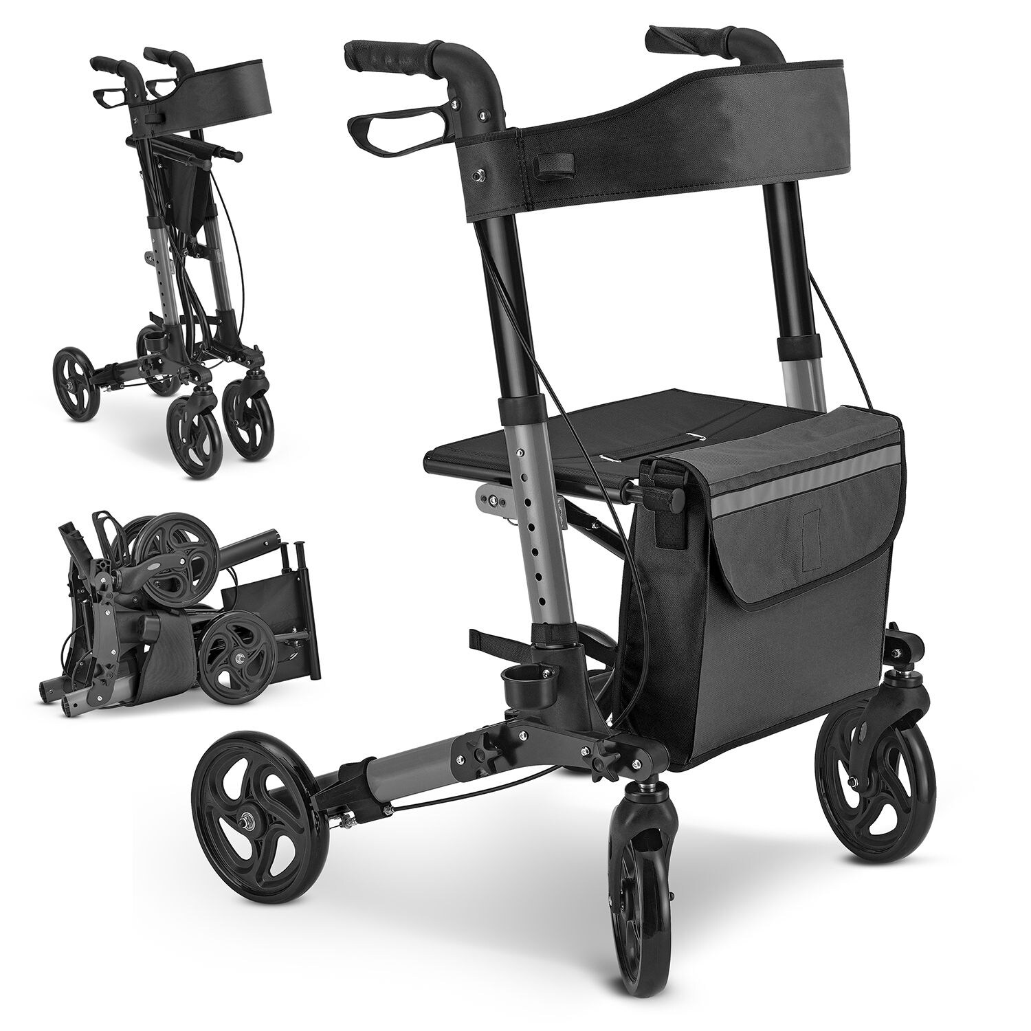 Juskys Rollator Vital faltbar, leicht & höhenverstellbar aus Aluminium bis 130 kg mit Sitz Schwarz | 04260565521112