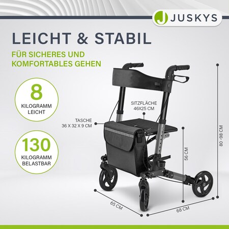 Juskys Rollator Vital faltbar, leicht & höhenverstellbar aus Aluminium bis  130 kg mit Sitz Schwarz online kaufen bei Netto