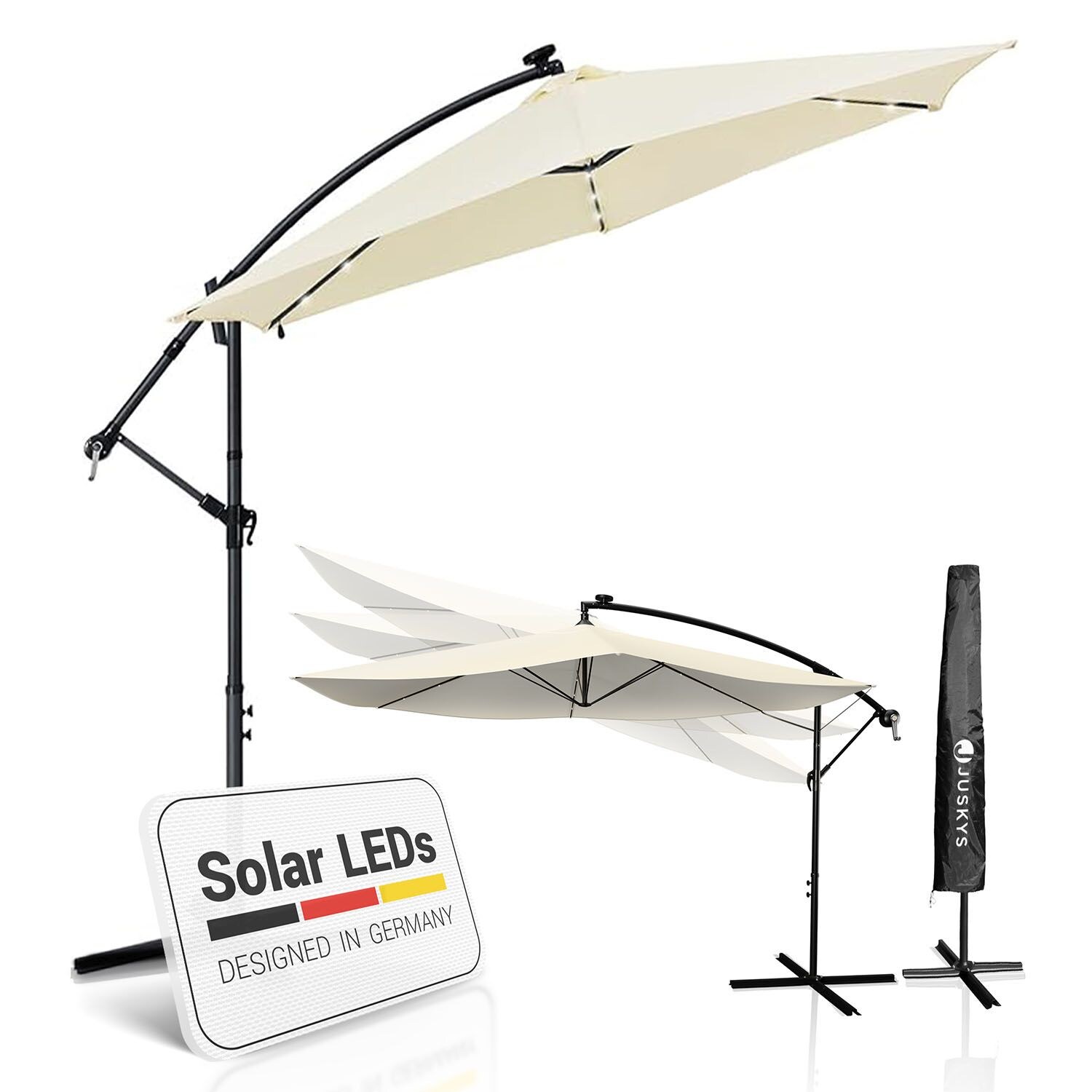 Juskys Ampelschirm Brazil 3 m LED-Beleuchtung Solar & Kurbel – UV-Schutz wasserabweisend knickbar | 04260565521389