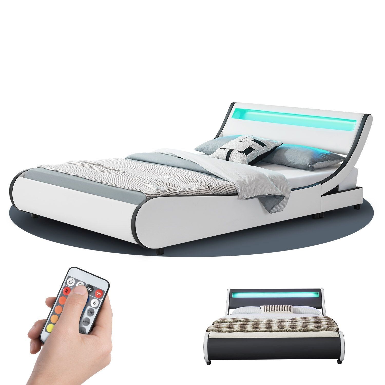 Juskys Polsterbett Bett Valencia 180 x 200 cm weiß mit Kaltschaummatratze Doppelbett mit LED