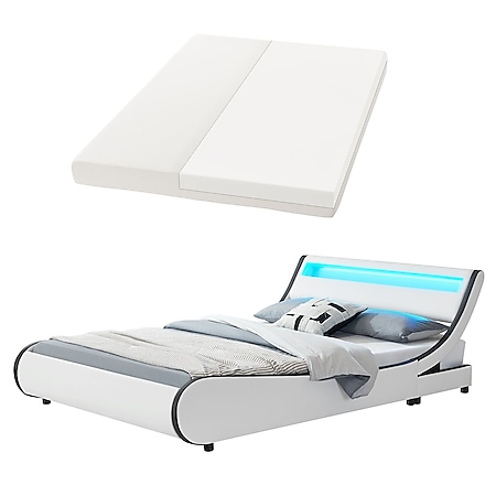 Juskys Polsterbett Bett Valencia 180 x 200 cm weiß mit Kaltschaummatratze Doppelbett mit LED - Bild 1