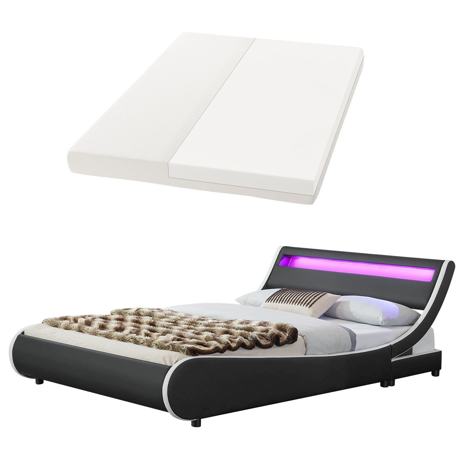 Juskys Polsterbett Bett Valencia 180 x 200 cm schwarz mit Kaltschaummatratze Doppelbett mit LED