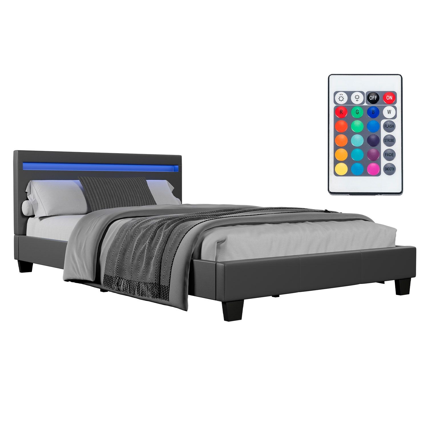 Juskys Polsterbett Verona 120 x 200 cm – Bett mit LED-Beleuchtung, Lattenrost & Kopfteil – Grau | 04260565522072