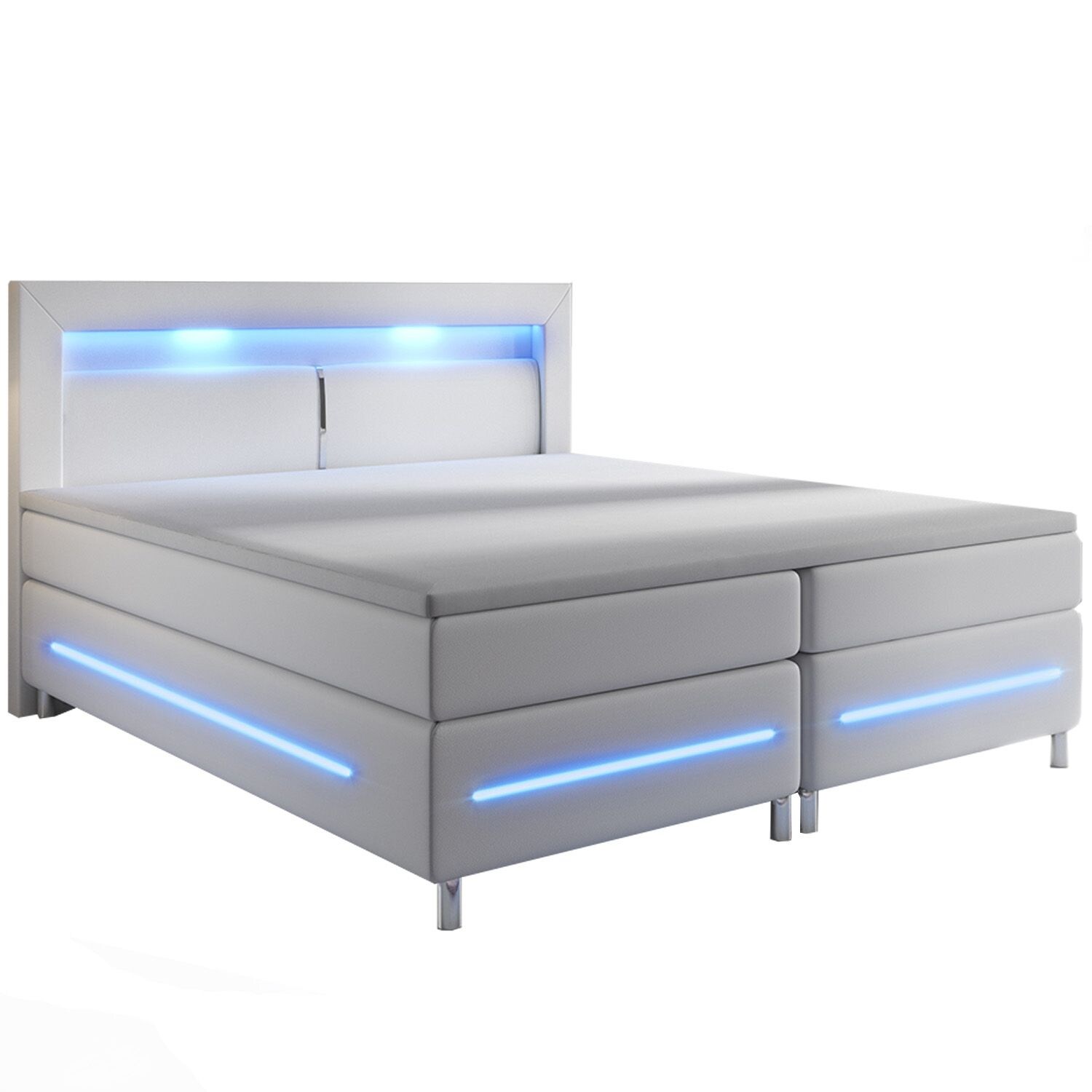 Juskys Boxspringbett Norfolk 140 x 200 cm – LED Beleuchtung, Bonell-Matratzen & Topper - weiß
