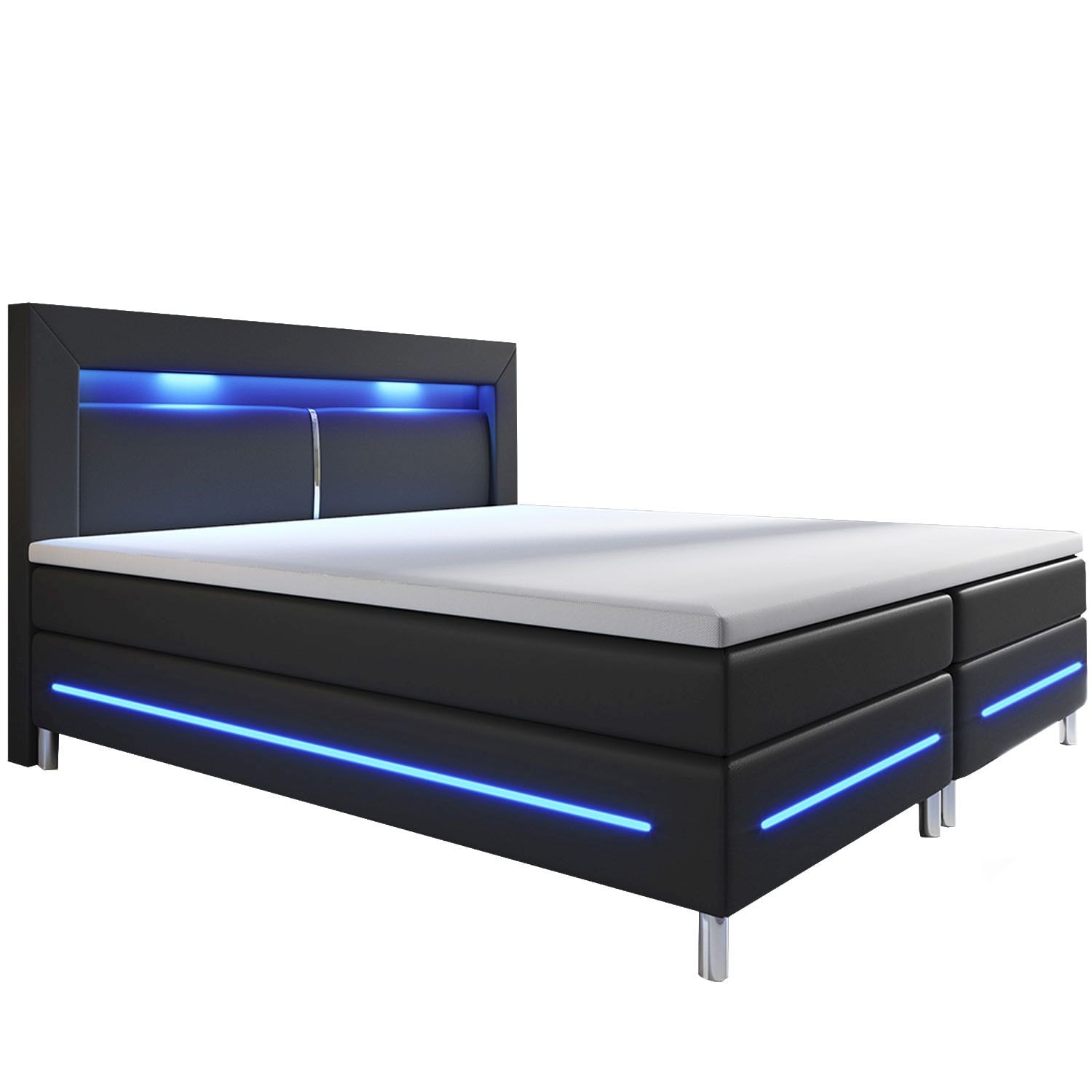 Juskys Boxspringbett Norfolk 180 x 200 cm &ndash; LED Beleuchtung, Bonell-Matratzen & Topper - schwarz - Bild 1