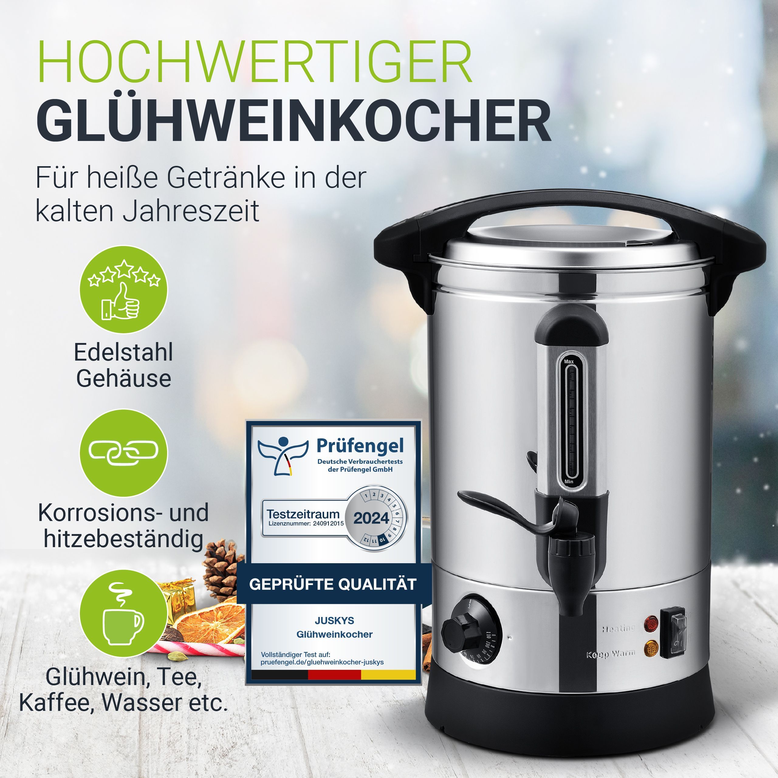 Juskys Glühweinkocher Teramo 7 Liter aus Edelstahl mit Zapfhahn -Heißgetränkespender Glühweinkessel online kaufen bei Netto