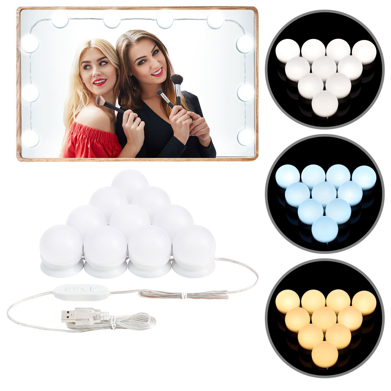 Juskys Schminktisch Lichterkette 8 W - 10 LED Lampen & USB - 3 Farbtemperaturen - Beleuchtung - Wei&szlig; - Bild 1