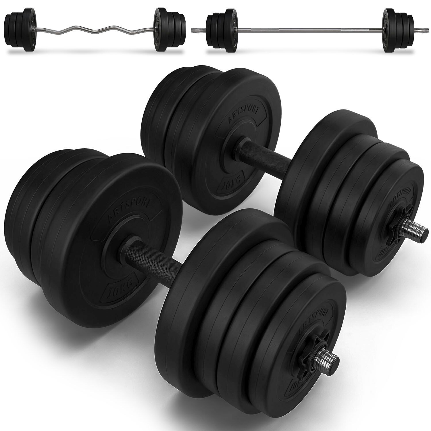 Artsport 3in1 Hantelset mit 2 Kurzhanteln, 1 Langhantel & 1 SZ Curlhantel – 12 Gewichte mit 60kg | 04260565522287