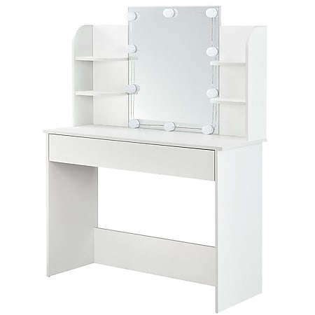 Juskys Schminktisch Bella 108 x 40 x 140 cm in Weiß mit Spiegel, LED, Schublade & 4 Ablagefächern - Bild 1