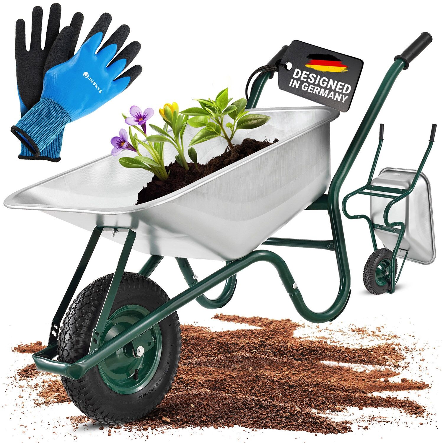 Juskys Schubkarre Garden – 100 Liter – 210 kg – Luftreifen mit Metall Felge – Wanne verzinkt Silber | 04260565522492